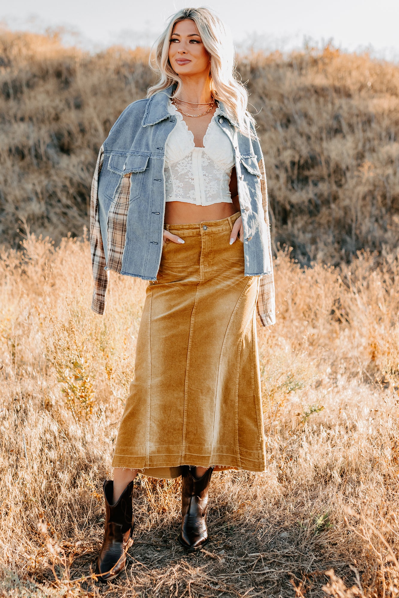 Daily Mode Plaid Denim Mix Jacket (Taupe Blend) - NanaMacs