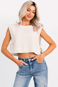 Simply Divided Sleeveless Side Tie Linen Top (Oatmeal) - NanaMacs
