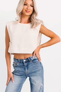 Simply Divided Sleeveless Side Tie Linen Top (Oatmeal) - NanaMacs