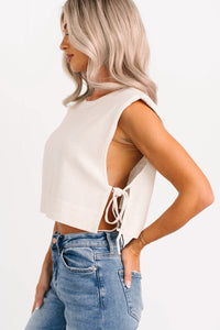 Simply Divided Sleeveless Side Tie Linen Top (Oatmeal) - NanaMacs