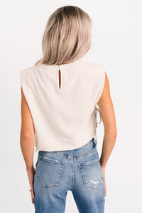 Simply Divided Sleeveless Side Tie Linen Top (Oatmeal) - NanaMacs