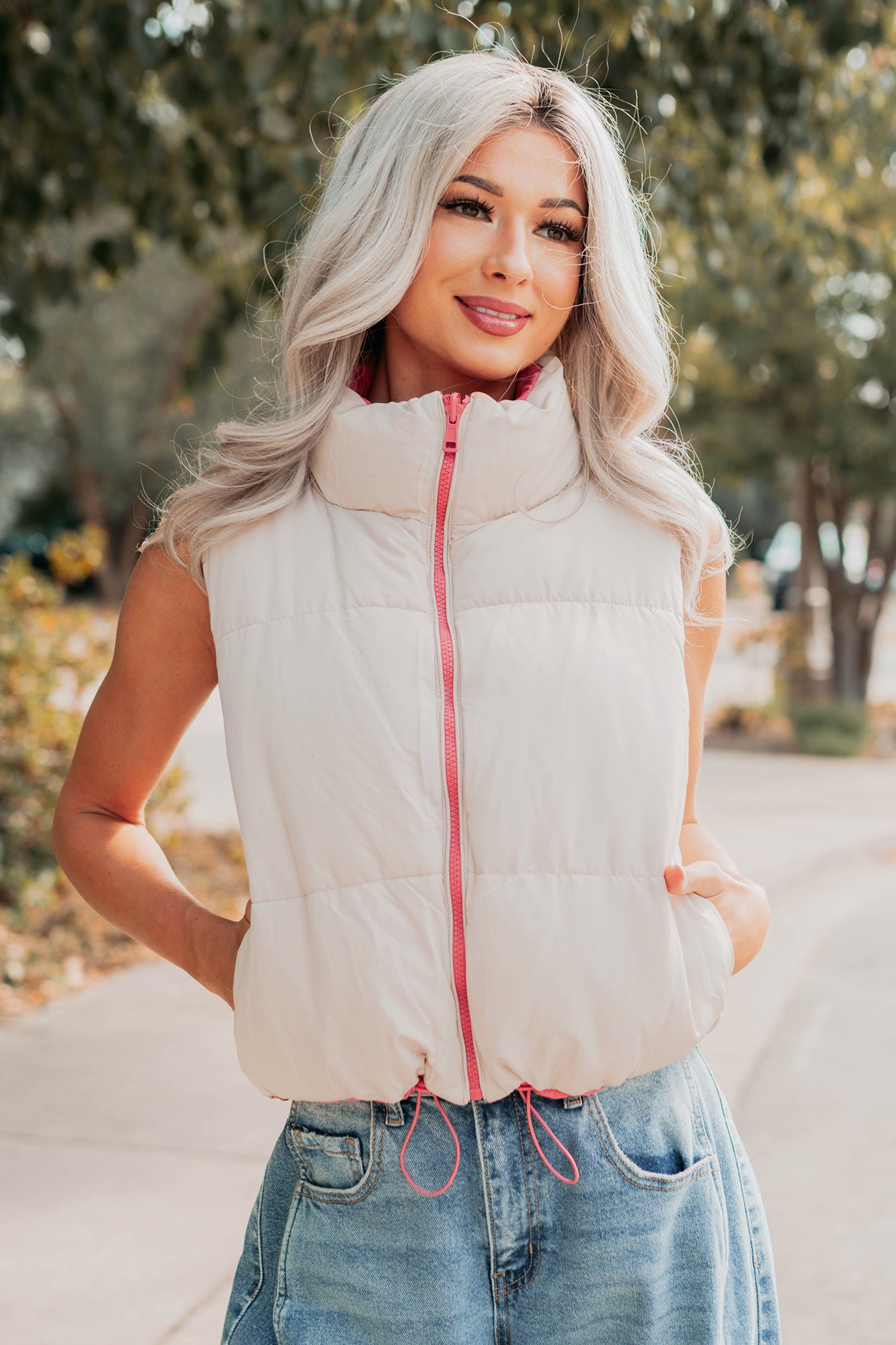 On The Reverse Side Reversible Puffer Vest (Hibiscus/Beige) · NanaMacs
