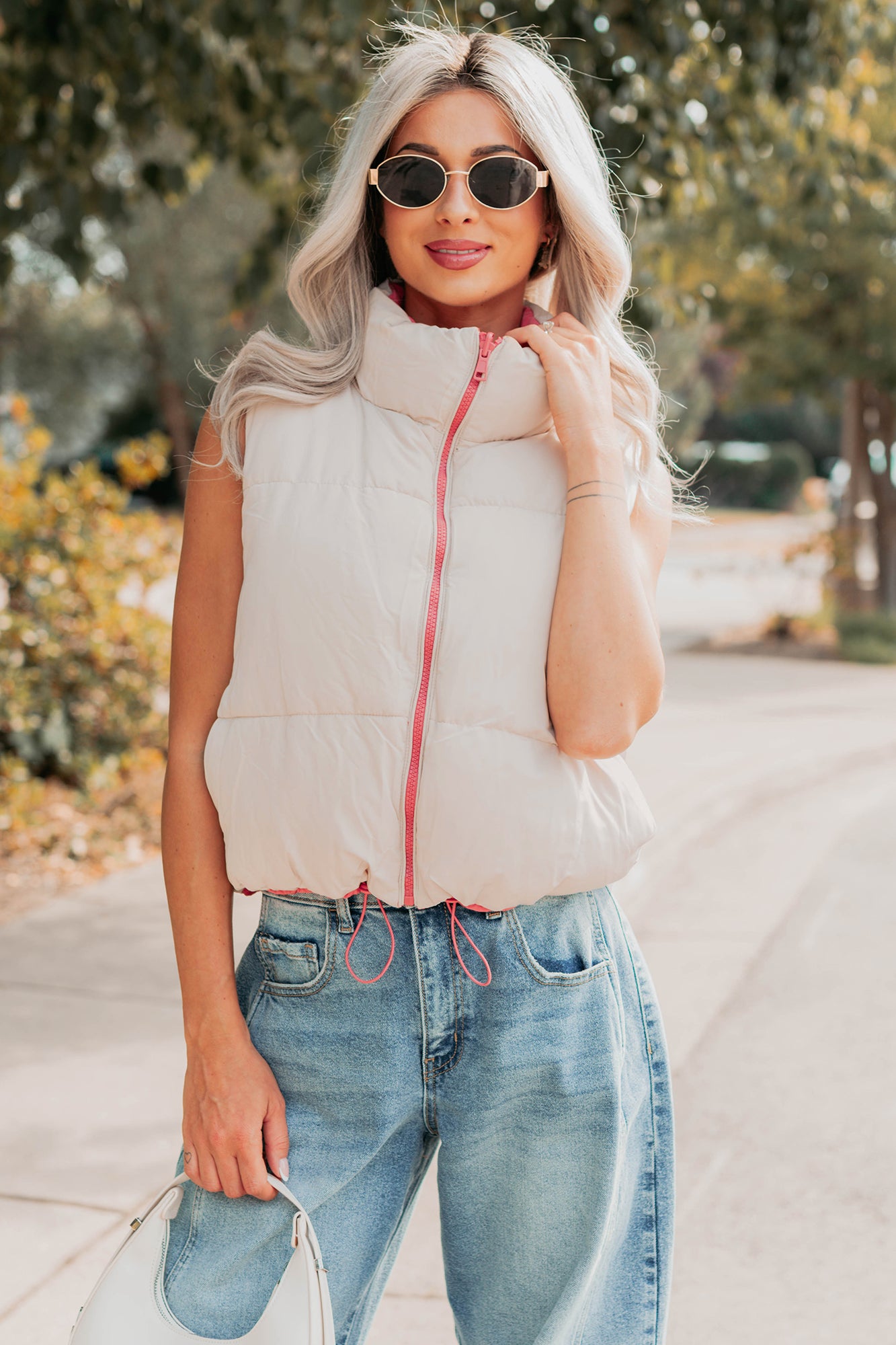 On The Reverse Side Reversible Puffer Vest (Hibiscus/Beige) - NanaMacs