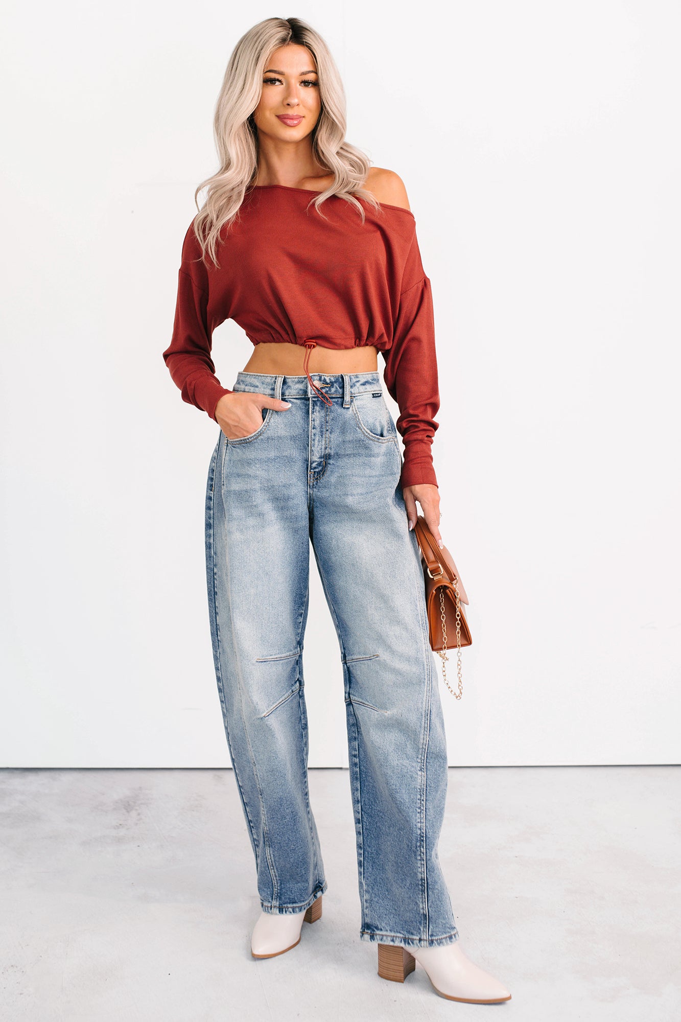 Glow Up Goals Ribbed Off The Shoulder Crop Top (Brick Red) - NanaMacs