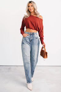 Glow Up Goals Ribbed Off The Shoulder Crop Top (Brick Red) - NanaMacs