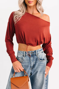 Glow Up Goals Ribbed Off The Shoulder Crop Top (Brick Red) - NanaMacs