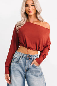 Glow Up Goals Ribbed Off The Shoulder Crop Top (Brick Red) - NanaMacs