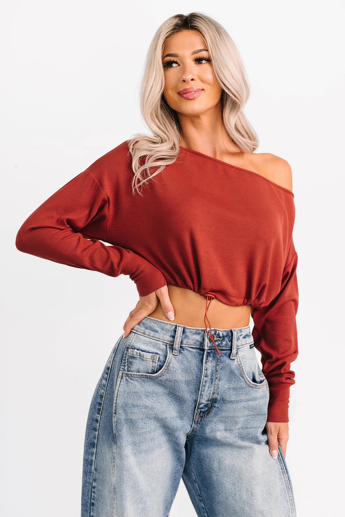 Glow Up Goals Ribbed Off The Shoulder Crop Top (Brick Red) - NanaMacs