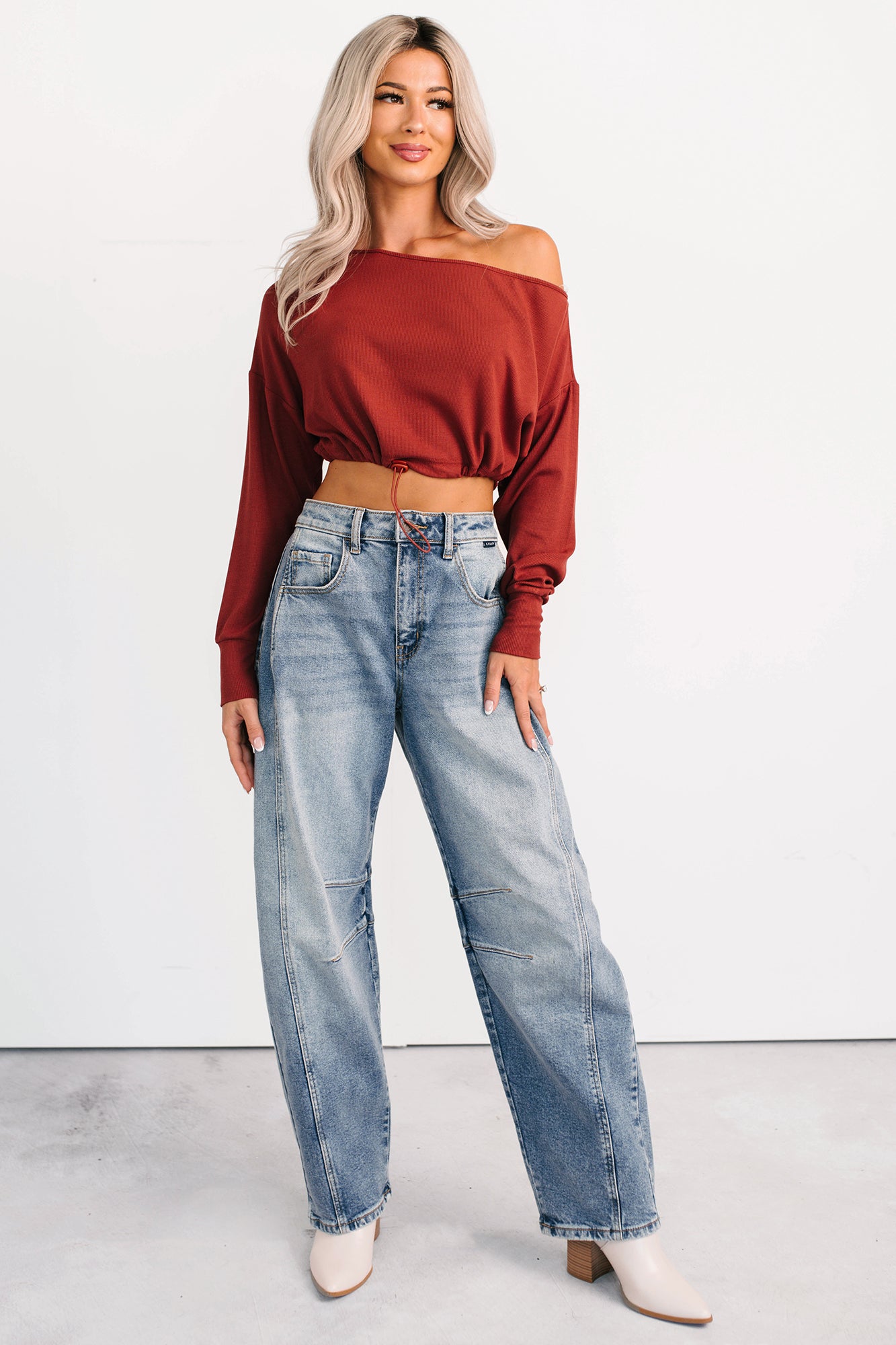 Glow Up Goals Ribbed Off The Shoulder Crop Top (Brick Red) - NanaMacs