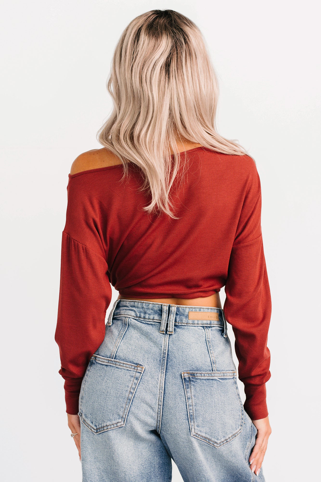Glow Up Goals Ribbed Off The Shoulder Crop Top (Brick Red) - NanaMacs