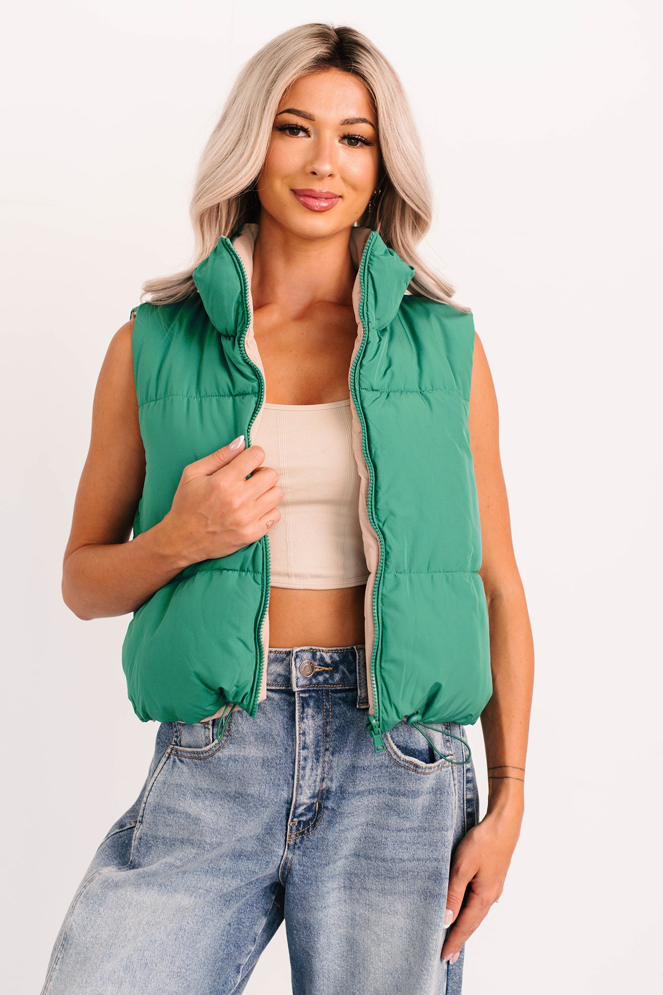 On The Reverse Side Reversible Puffer Vest (Green/Beige) - NanaMacs