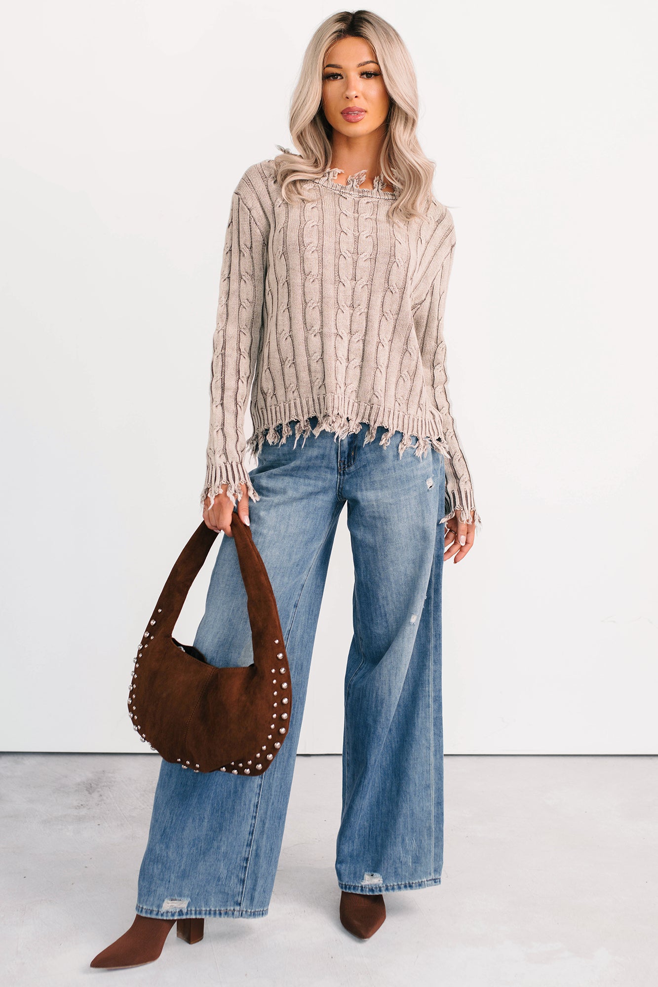 Unwritten Future Cable Knit Fringe Zenana Sweater (Mocha) - NanaMacs
