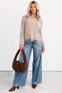 Unwritten Future Cable Knit Fringe Zenana Sweater (Mocha) - NanaMacs