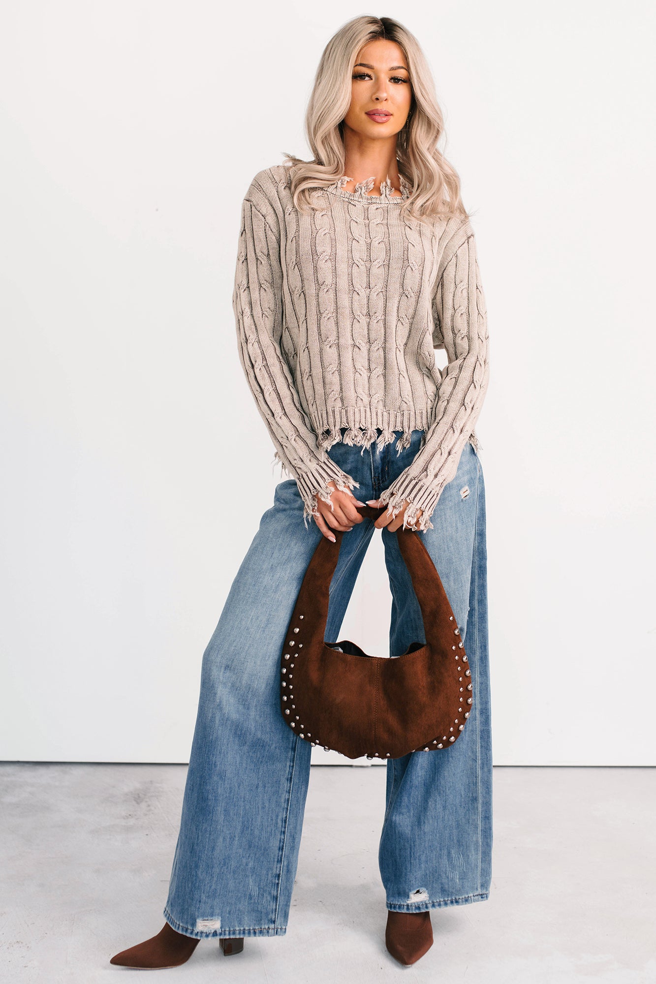 Unwritten Future Cable Knit Fringe Zenana Sweater (Mocha) - NanaMacs