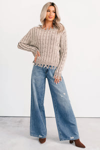 Unwritten Future Cable Knit Fringe Zenana Sweater (Mocha) - NanaMacs