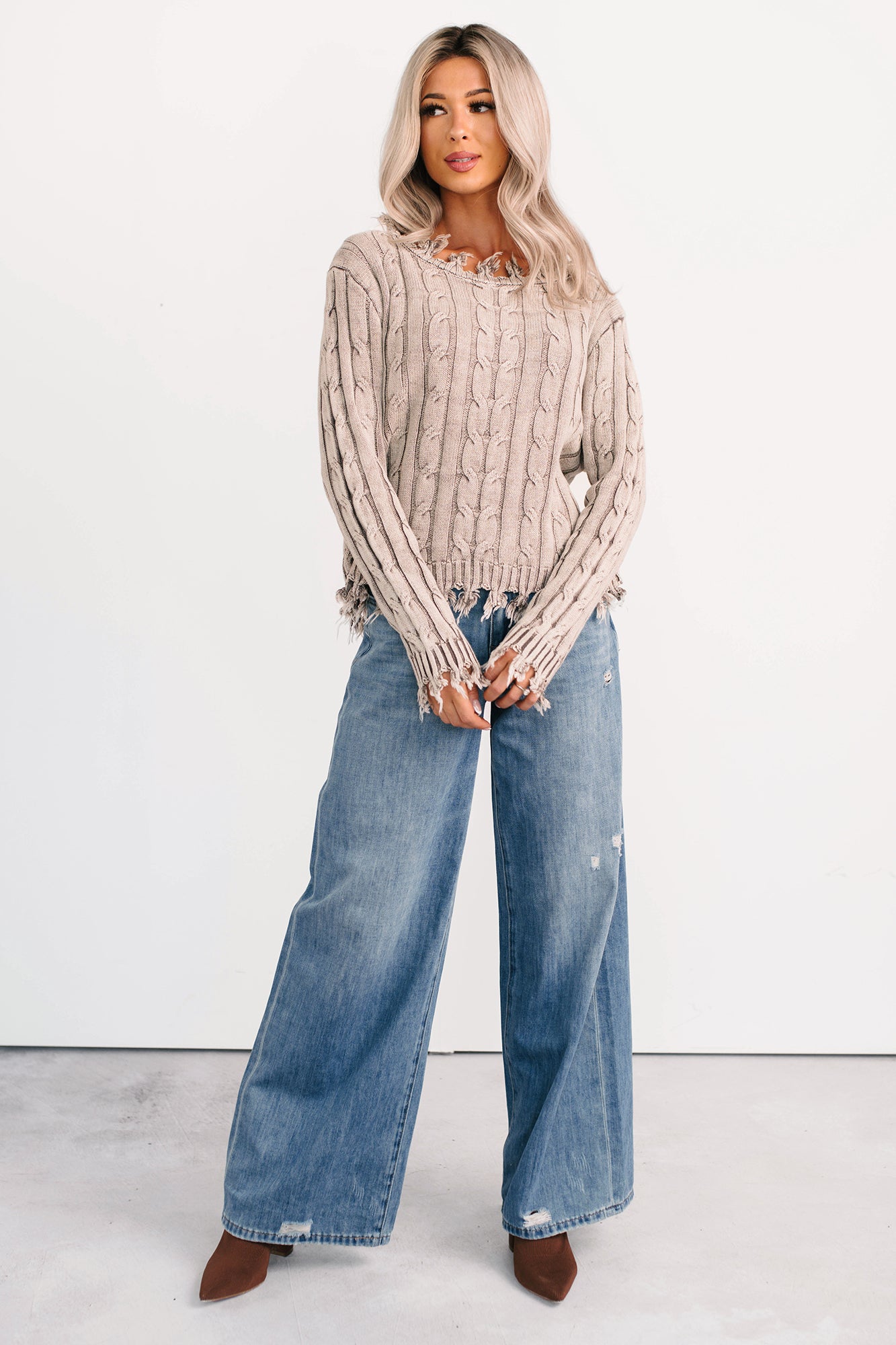 Unwritten Future Cable Knit Fringe Zenana Sweater (Mocha) - NanaMacs