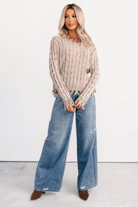 Unwritten Future Cable Knit Fringe Zenana Sweater (Mocha) - NanaMacs