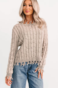 Unwritten Future Cable Knit Fringe Zenana Sweater (Mocha) - NanaMacs
