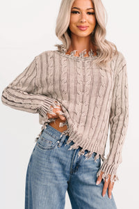 Unwritten Future Cable Knit Fringe Zenana Sweater (Mocha) - NanaMacs