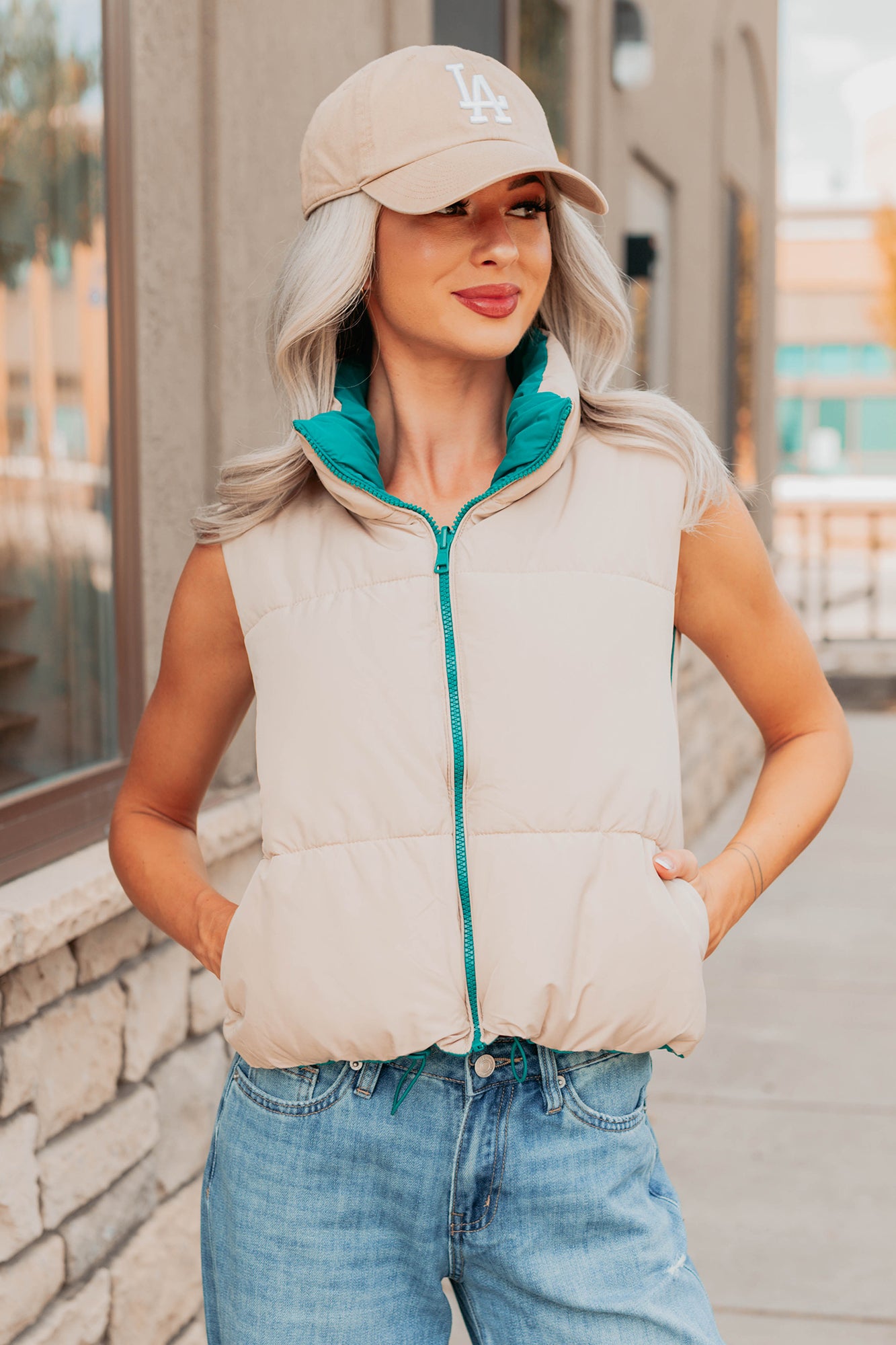 On The Reverse Side Reversible Puffer Vest (Green/Beige) - NanaMacs