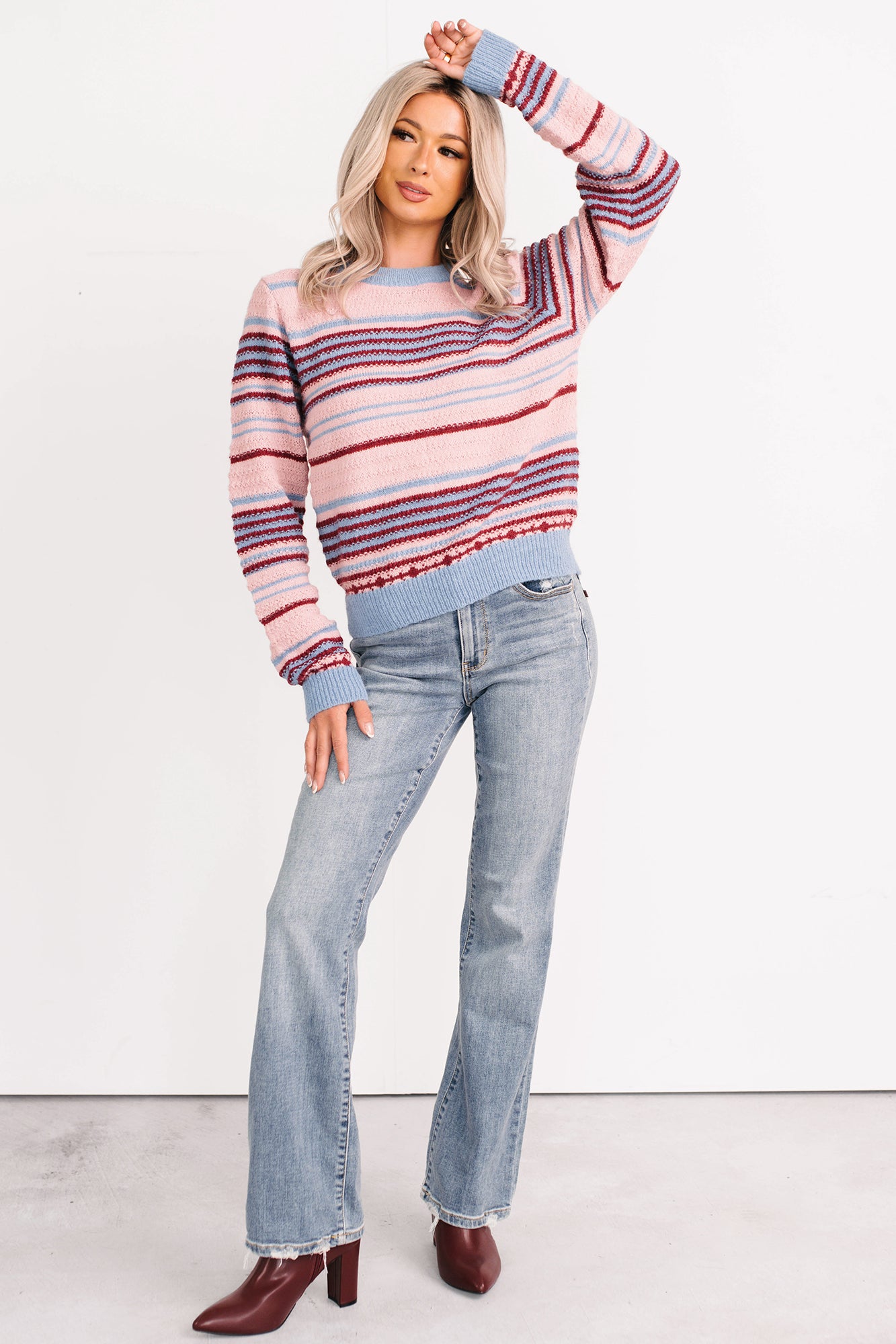 Pure Sunshine Striped Knit Sweater (Pink/Blue/Wine) - NanaMacs