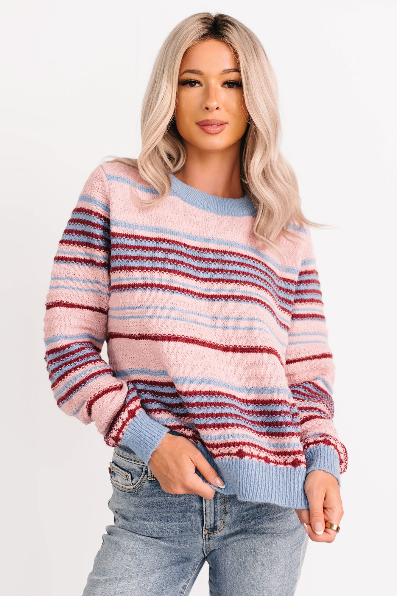 Pure Sunshine Striped Knit Sweater (Pink/Blue/Wine) - NanaMacs