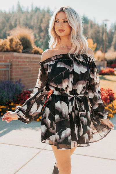 Chic Reign Off The Shoulder Mini Dress (Black Combo) - NanaMacs