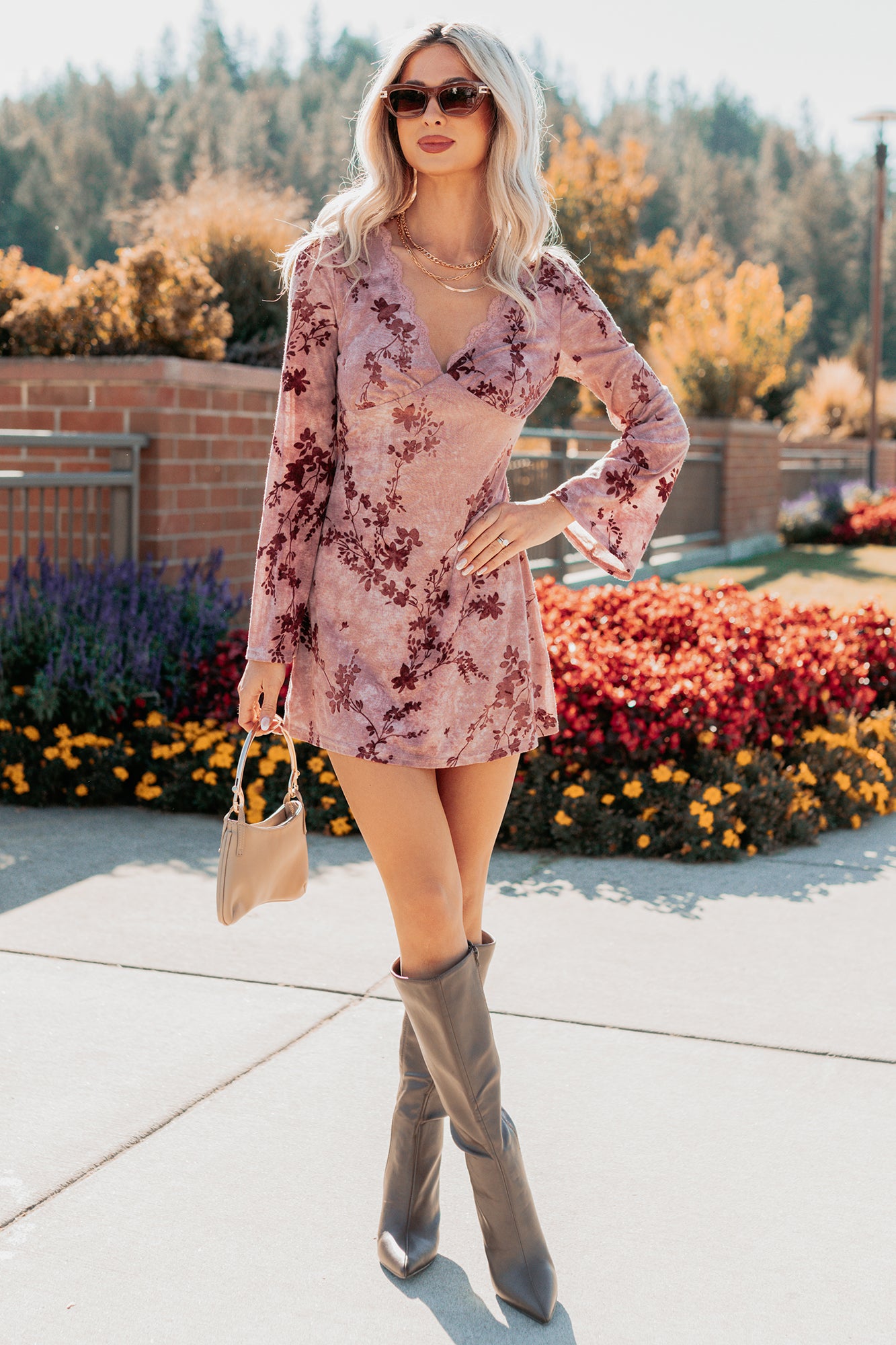 Top Tier Love Floral Velvet Mini Dress (Blush) - NanaMacs