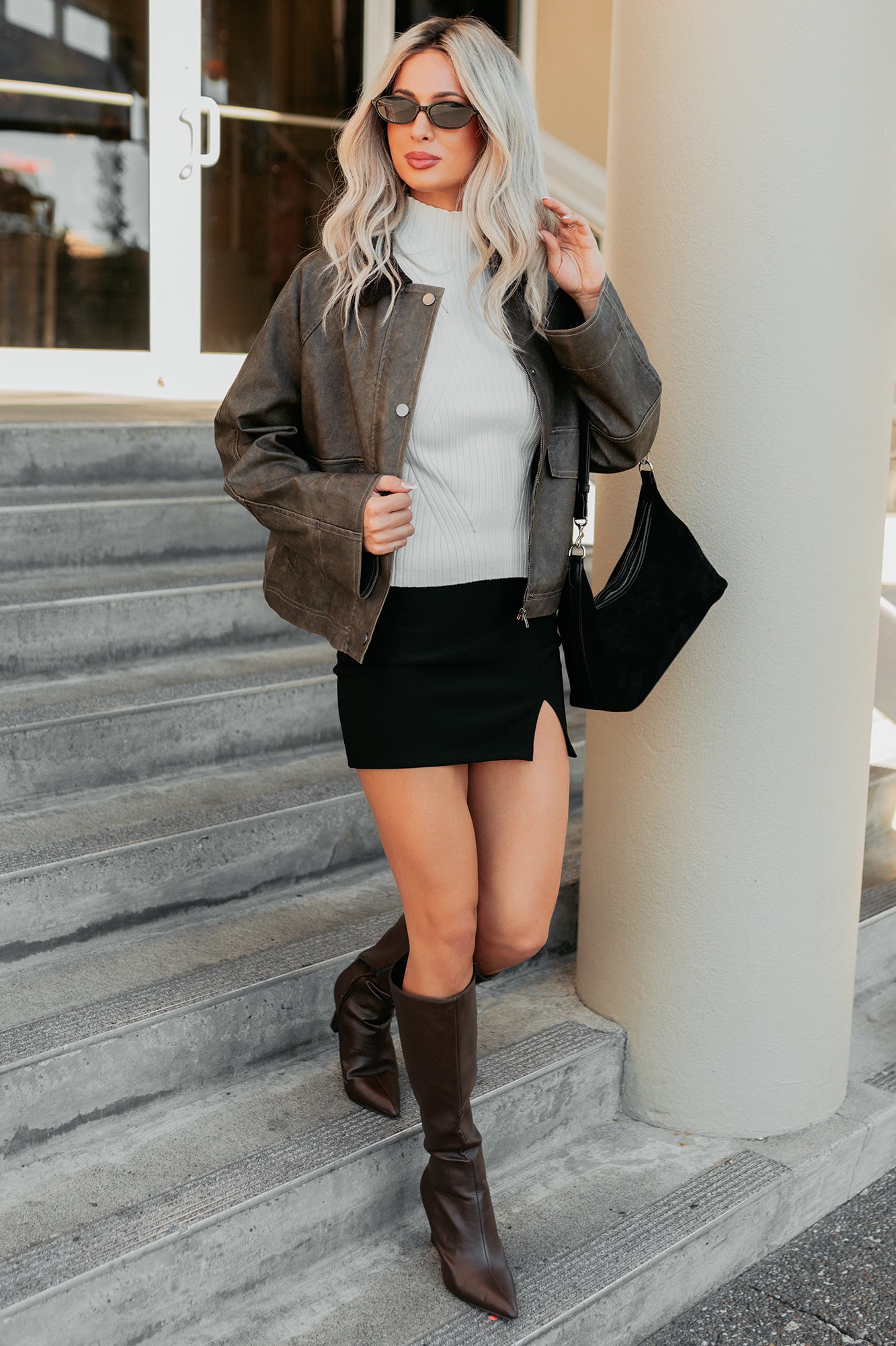 Calmly Chic Washed Faux Leather Jacket (Brown) - NanaMacs