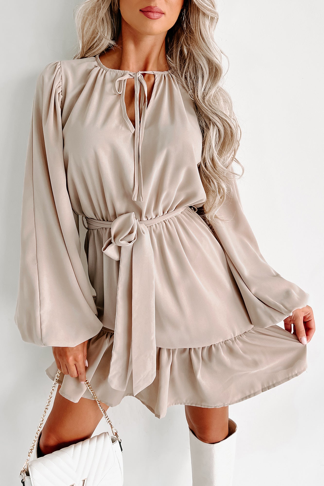 Feeling At Peace Long Sleeve Ruffle Mini Dress (Warm Grey) - NanaMacs