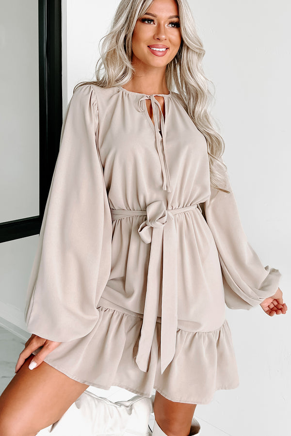 Feeling At Peace Long Sleeve Ruffle Mini Dress (Warm Grey) - NanaMacs