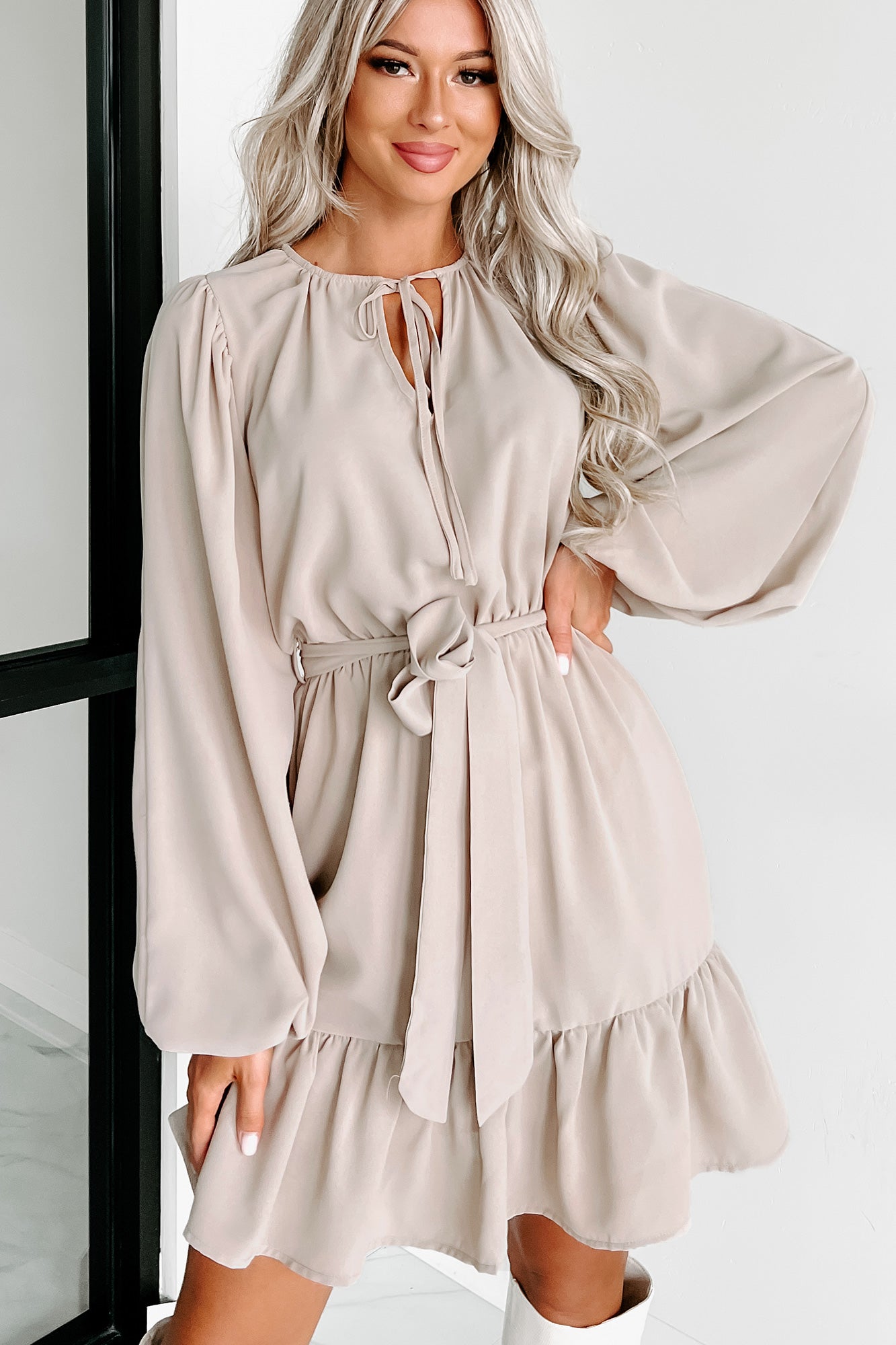 Feeling At Peace Long Sleeve Ruffle Mini Dress (Warm Grey) - NanaMacs