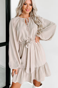 Feeling At Peace Long Sleeve Ruffle Mini Dress (Warm Grey) - NanaMacs