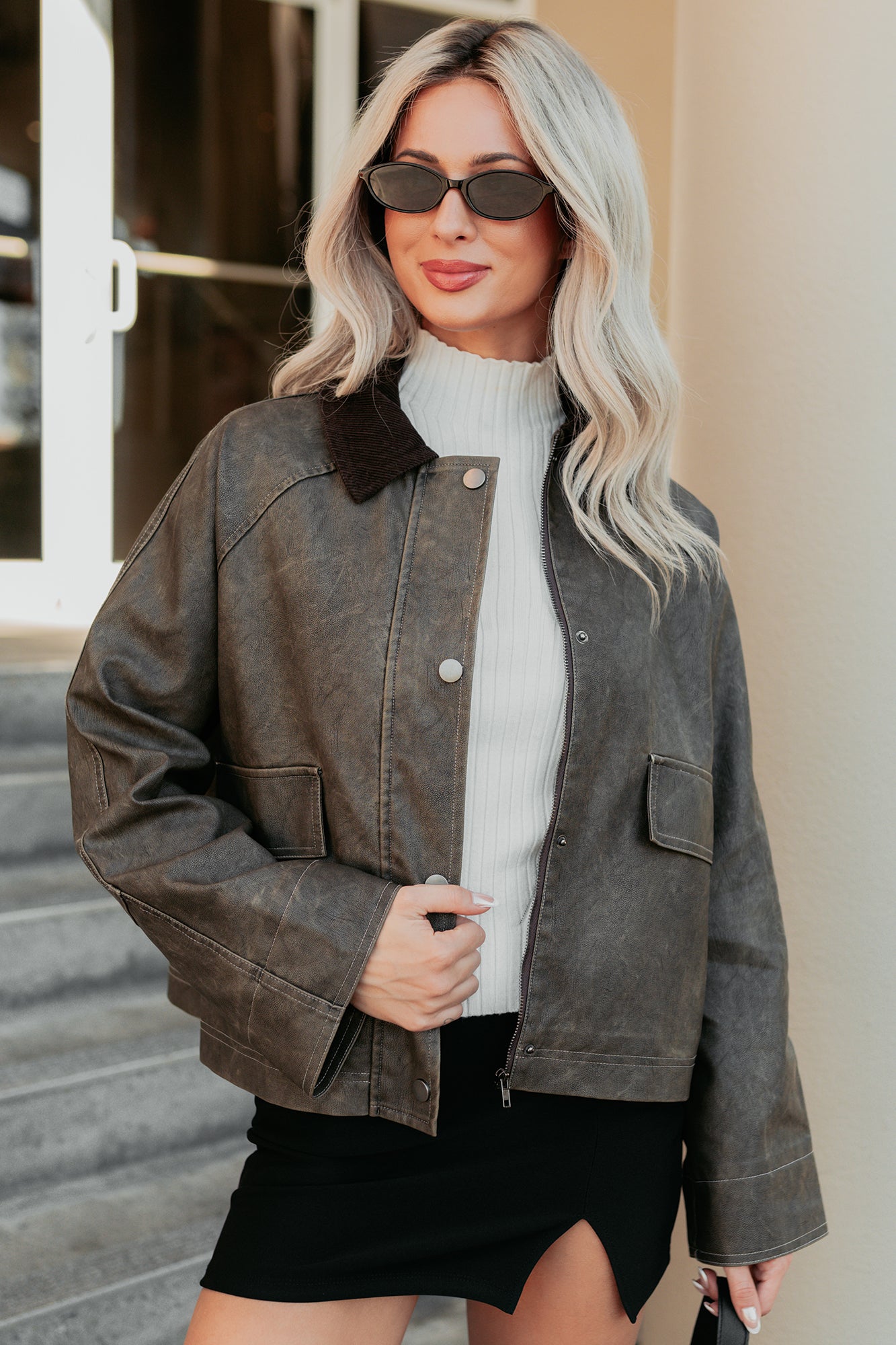 Calmly Chic Washed Faux Leather Jacket (Brown) - NanaMacs