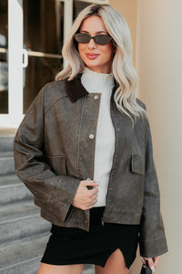 Calmly Chic Washed Faux Leather Jacket (Brown) - NanaMacs