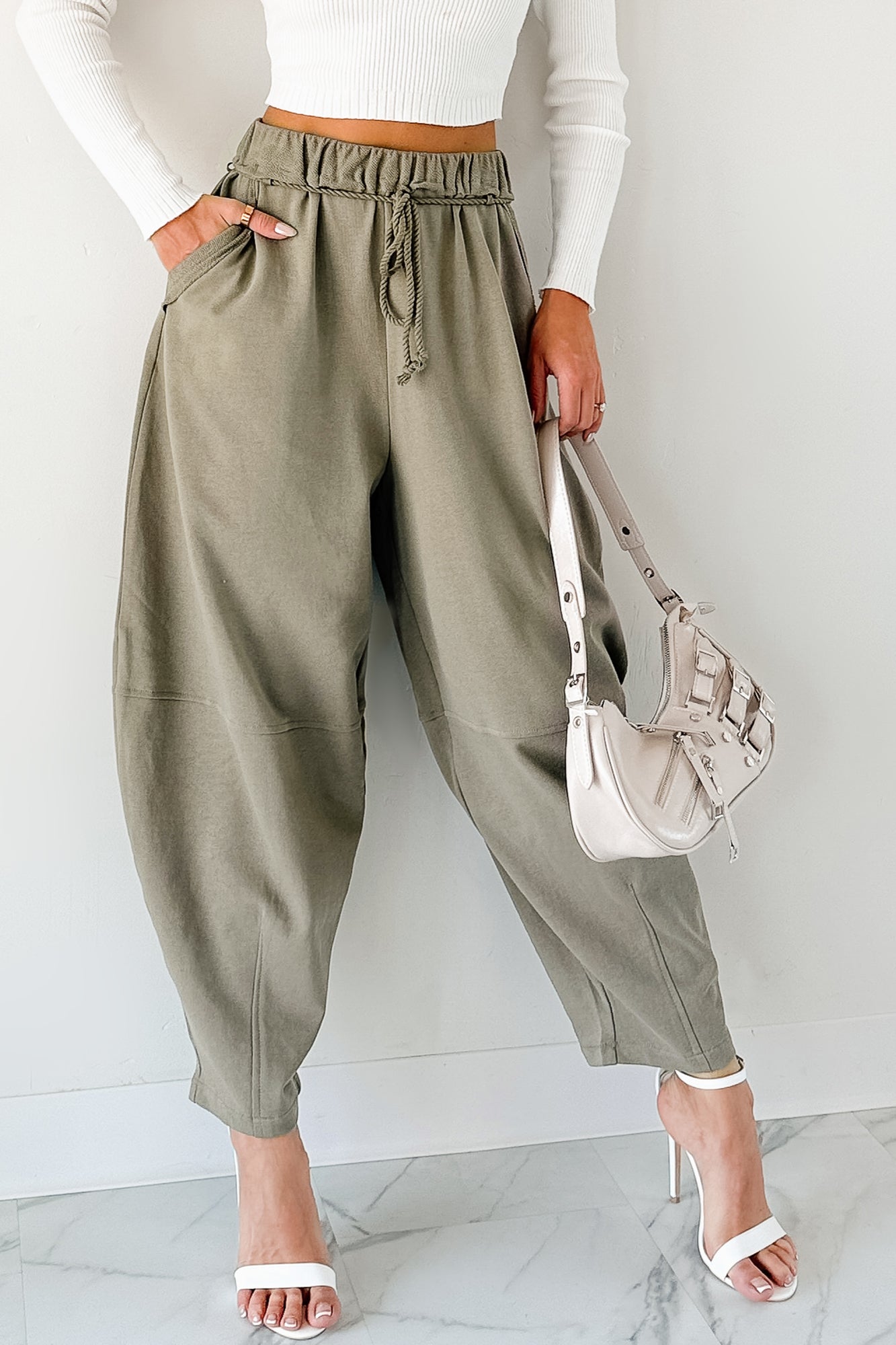 Wandering Home Braided Tie Barrel Sweatpants (Olive) - NanaMacs