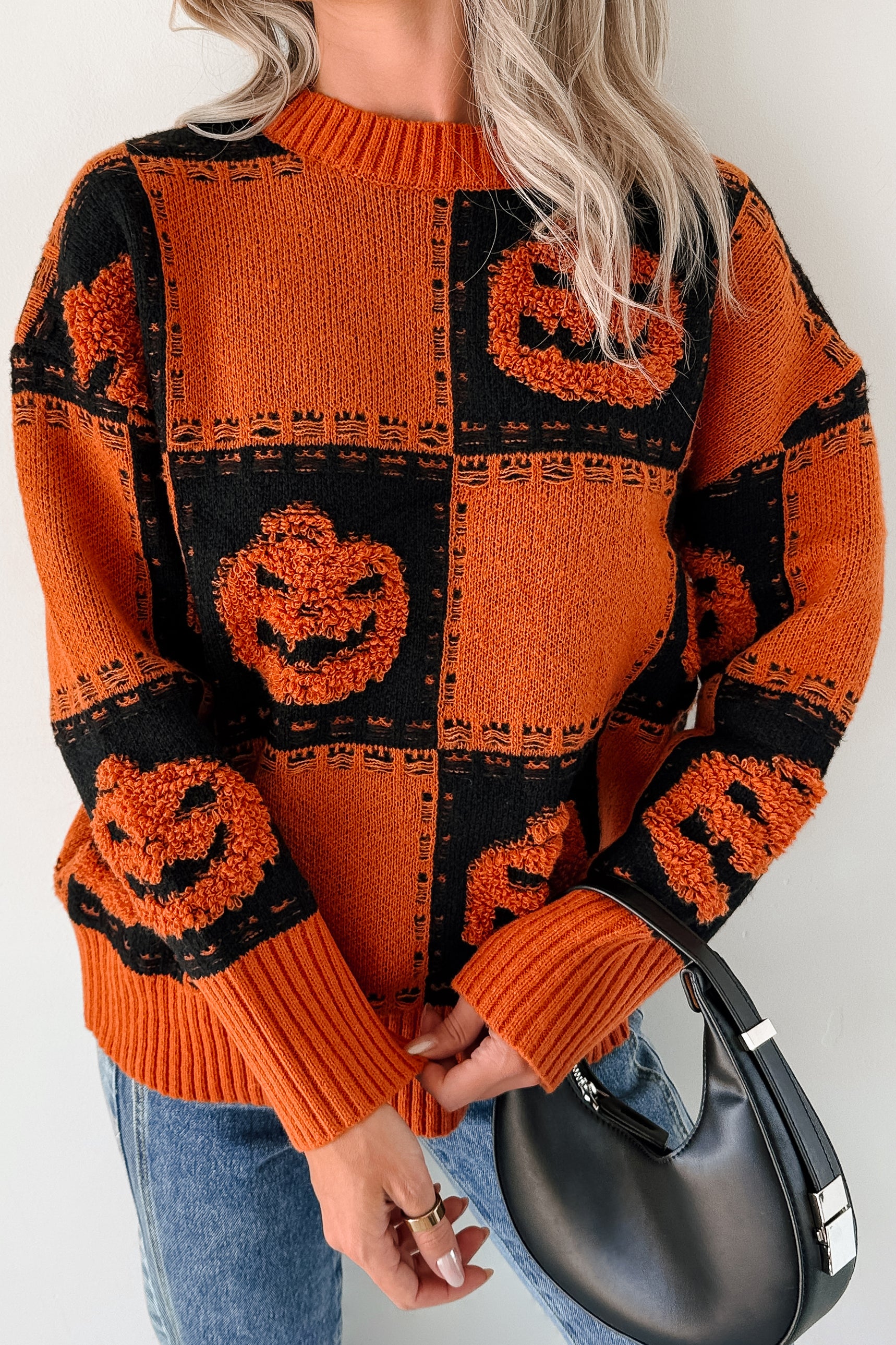 Halloween Feels Pumpkin Knit Sweater (Orange/Black) - NanaMacs