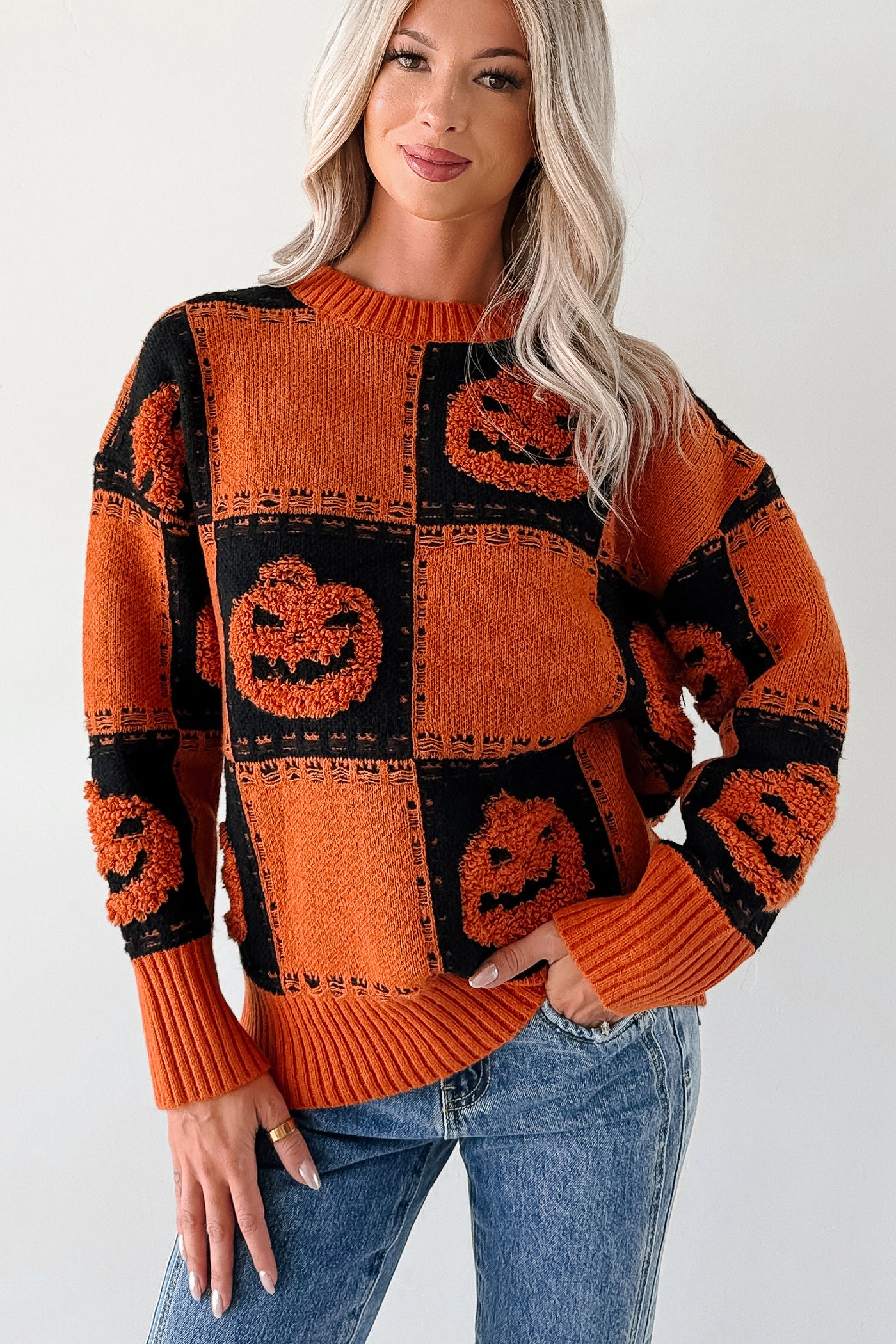 Halloween Feels Pumpkin Knit Sweater (Orange/Black) - NanaMacs