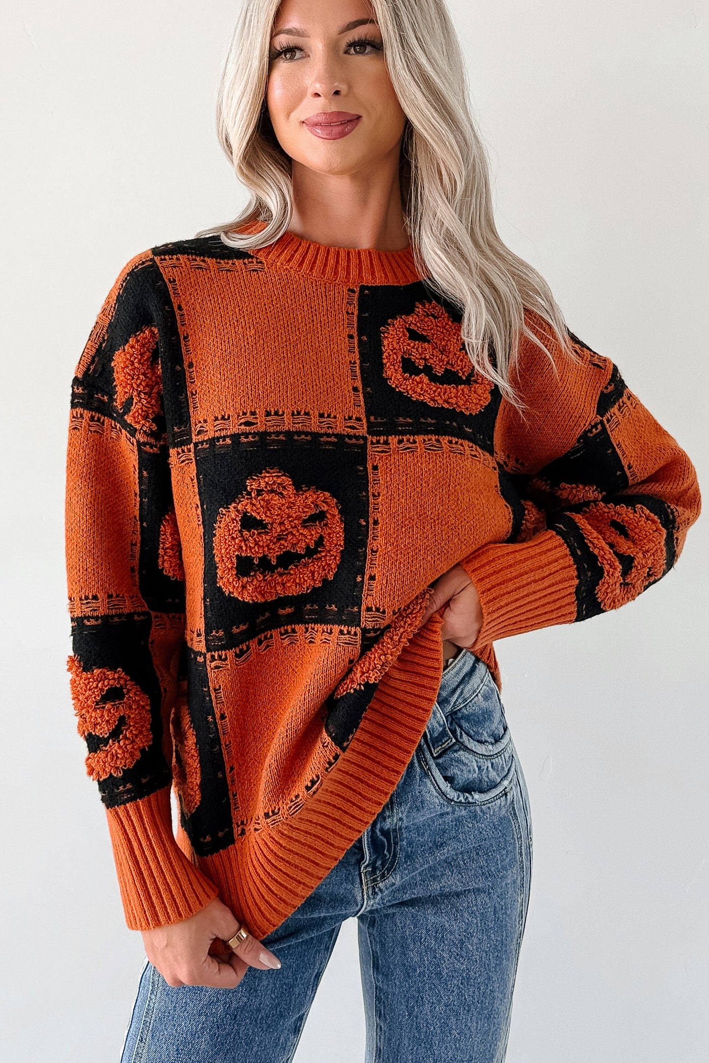 Halloween Feels Pumpkin Knit Sweater (Orange/Black) - NanaMacs