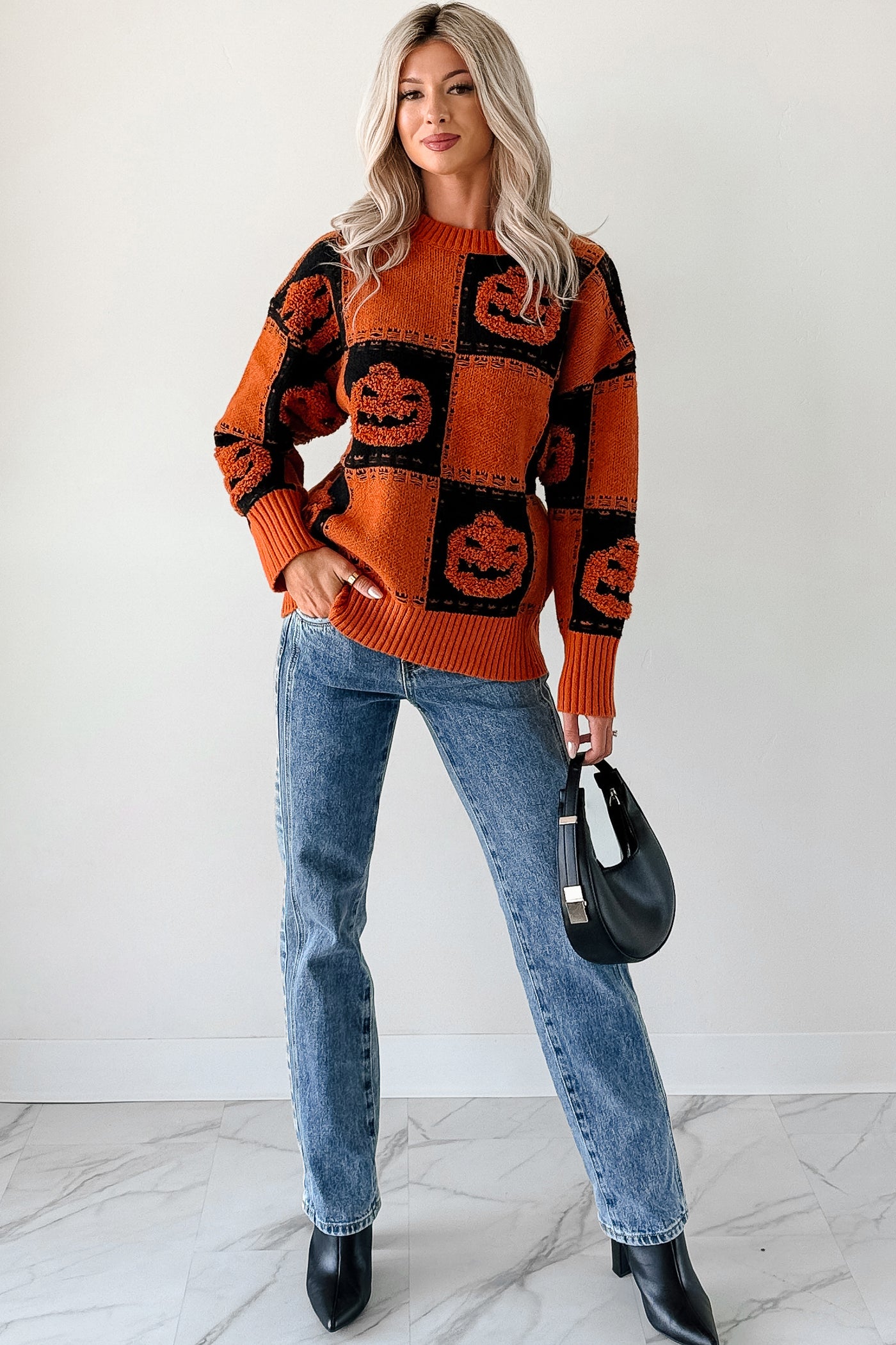 Halloween Feels Pumpkin Knit Sweater (Orange/Black) - NanaMacs