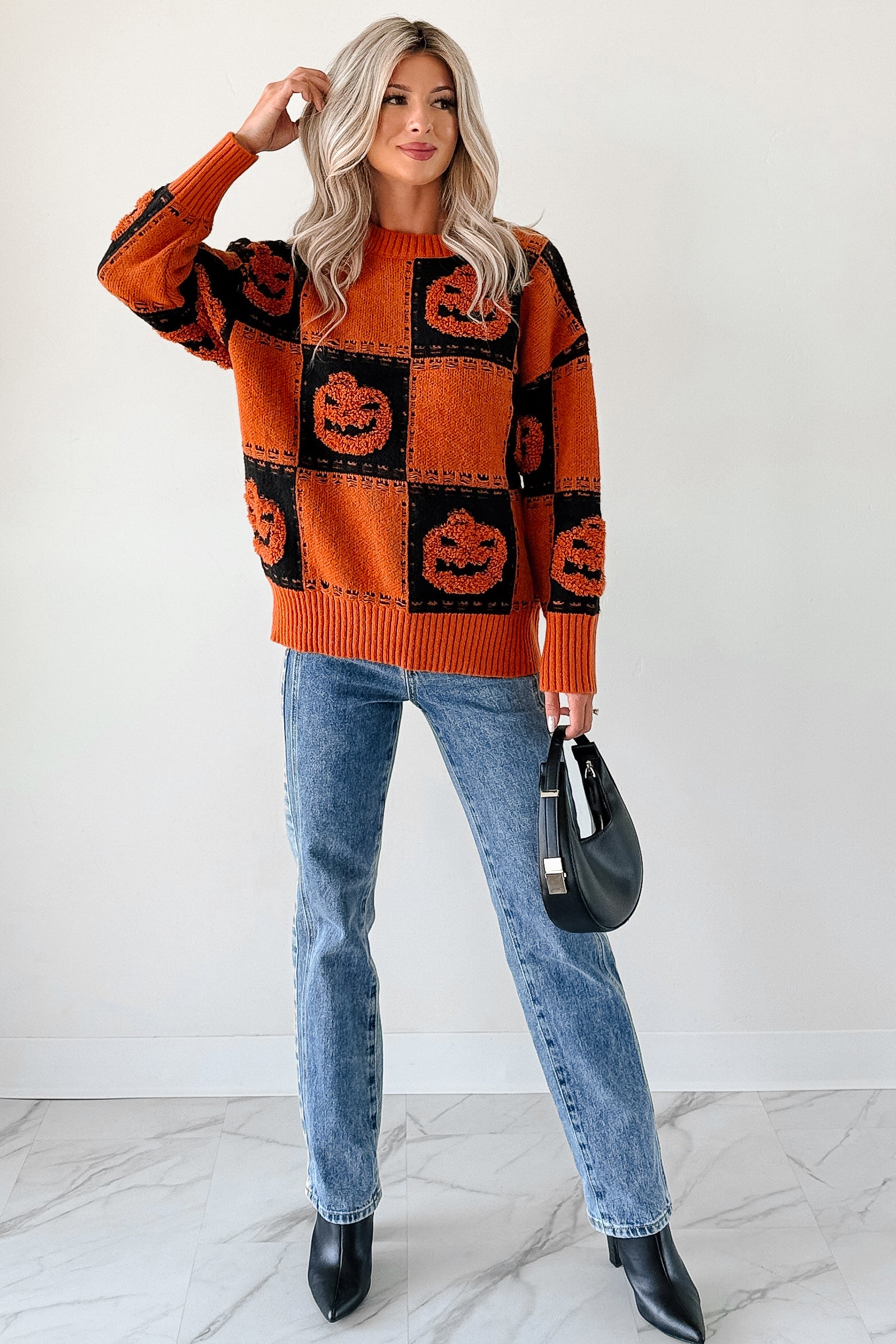 Halloween Feels Pumpkin Knit Sweater (Orange/Black) - NanaMacs