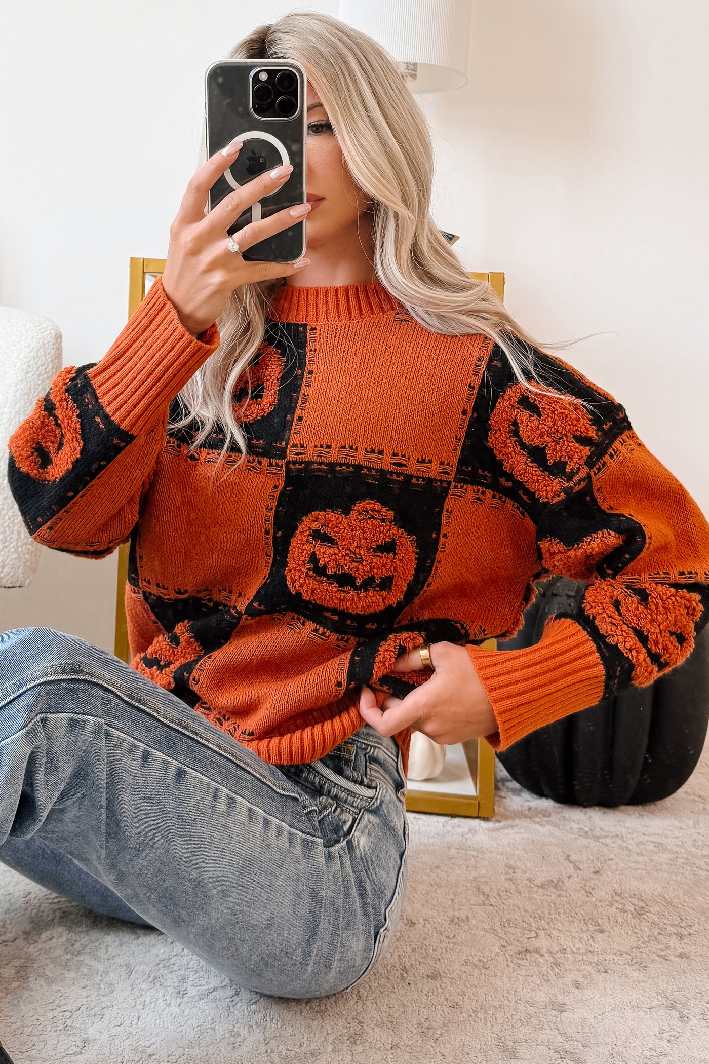 Halloween Feels Pumpkin Knit Sweater (Orange/Black) - NanaMacs