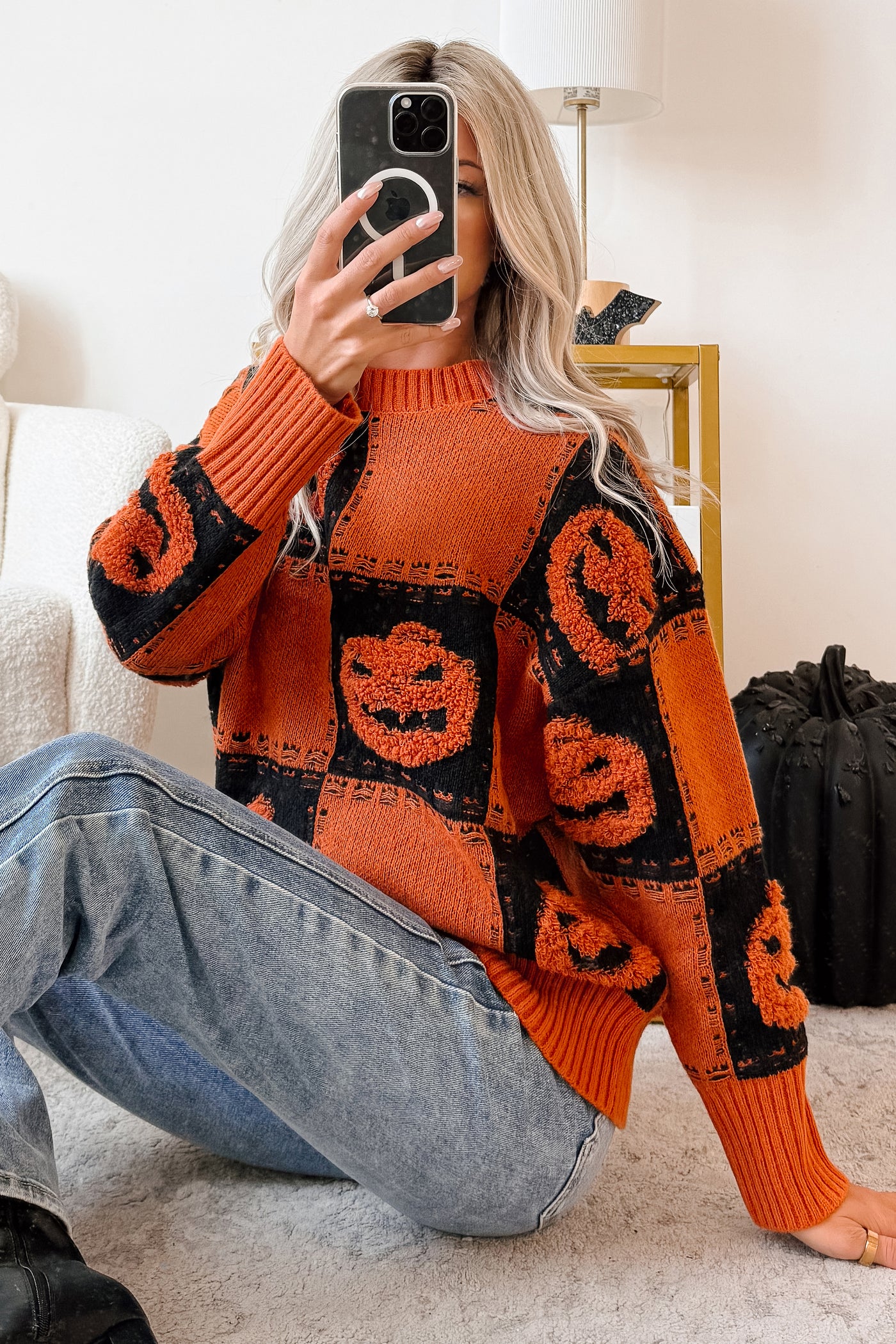 Halloween Feels Pumpkin Knit Sweater (Orange/Black) - NanaMacs