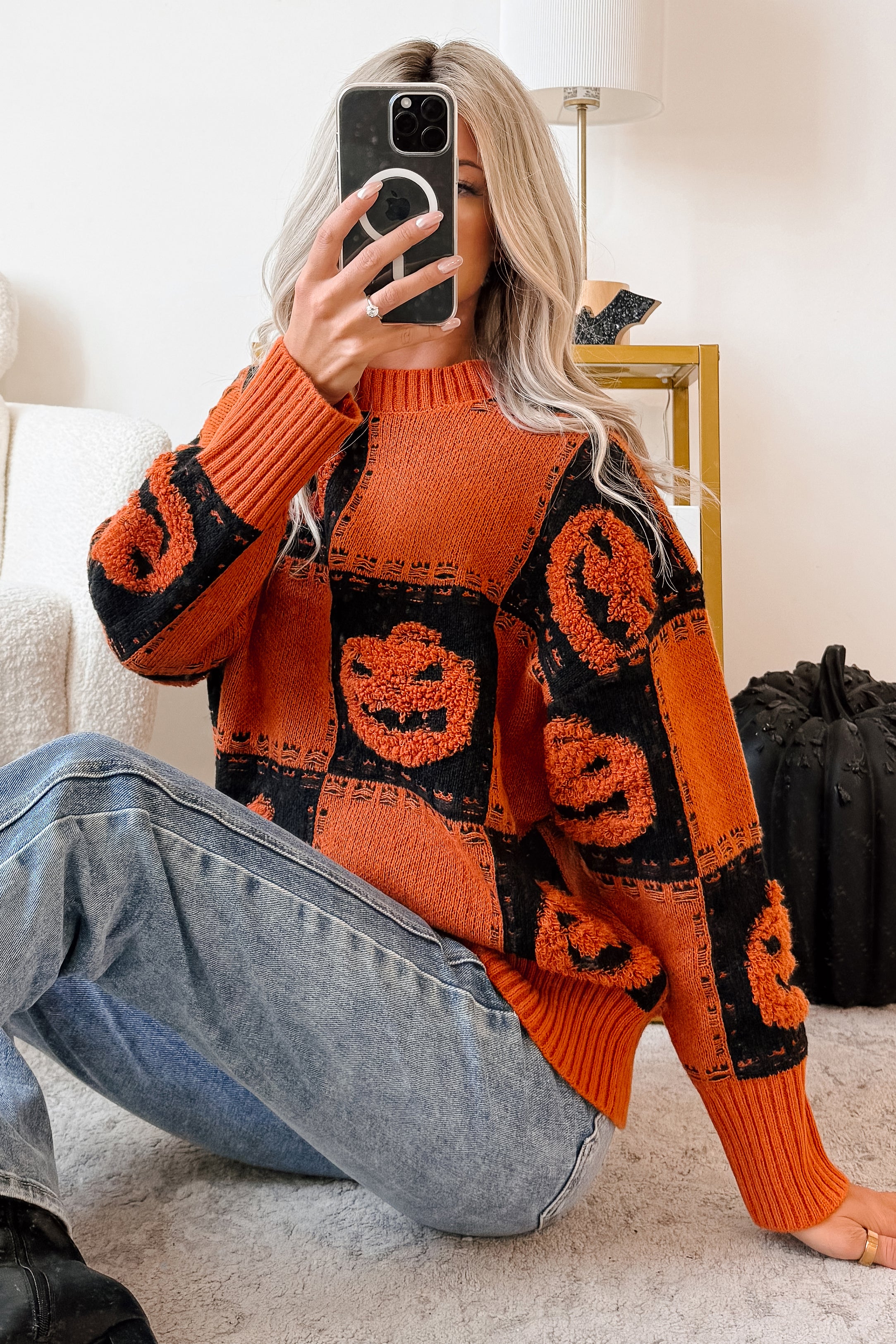 Halloween Feels Pumpkin Knit Sweater (Orange/Black) - NanaMacs