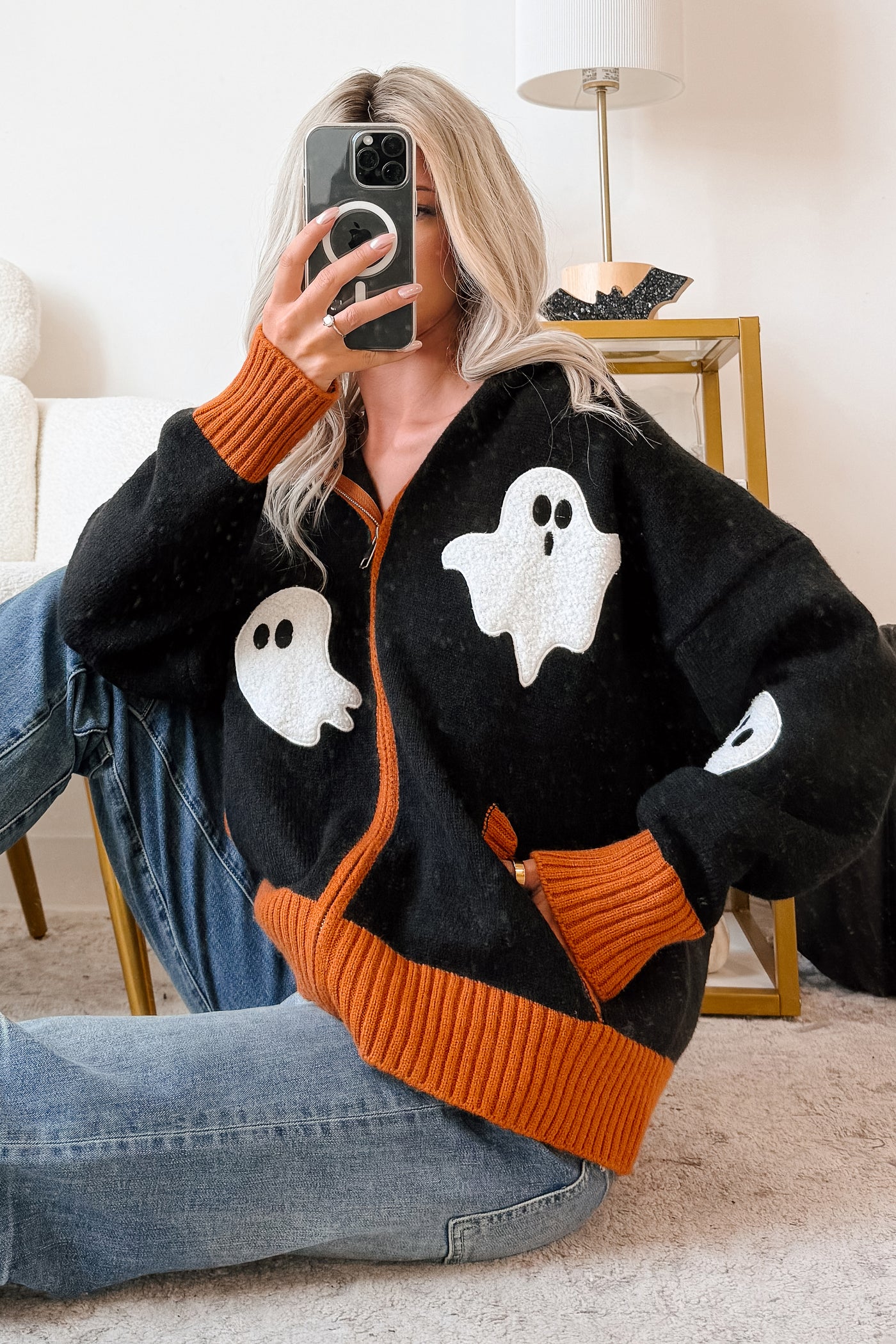 Ghostly Grins Ghost Patch Zip-Up Hoodie (Black) - NanaMacs