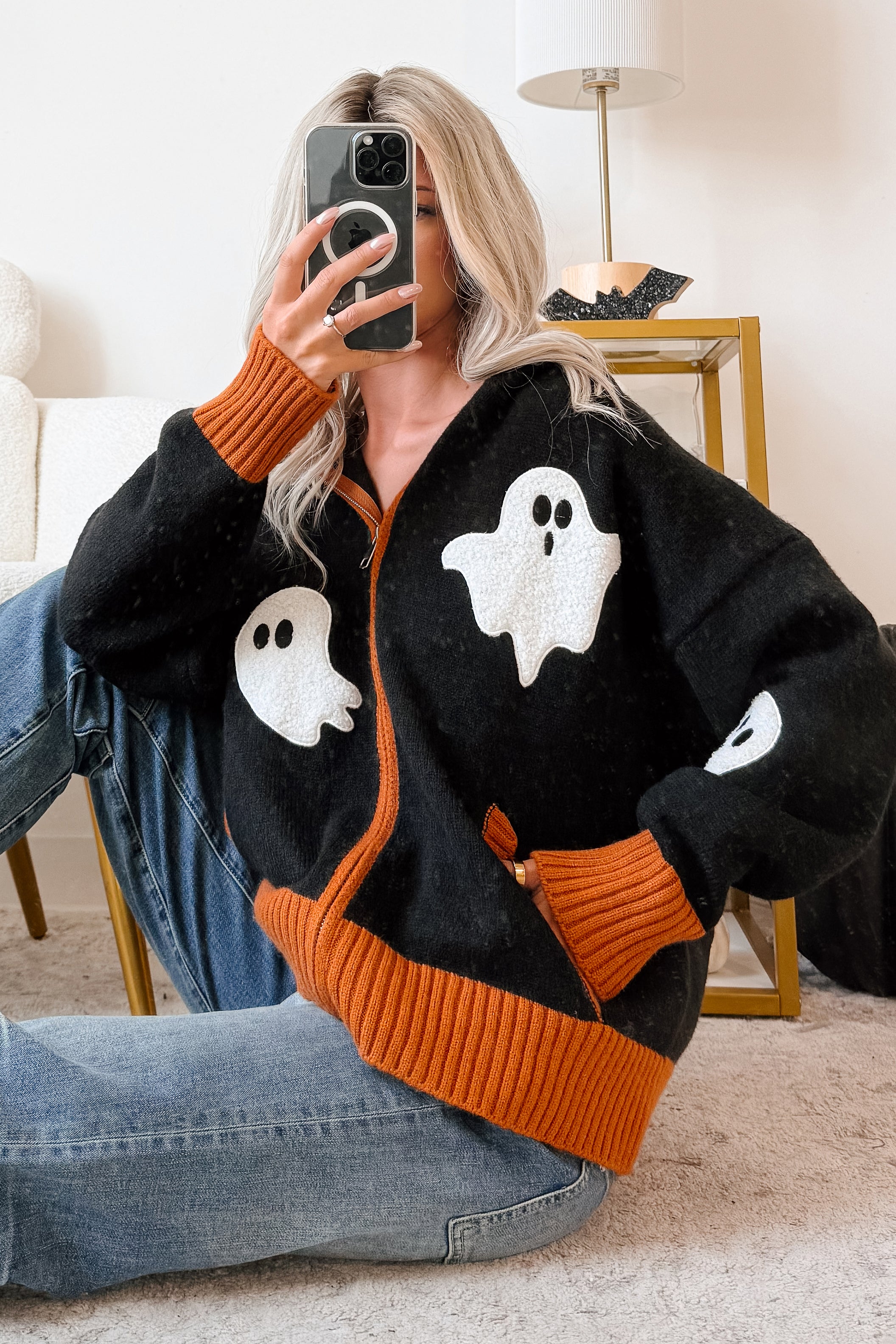 Ghostly Grins Ghost Patch Zip-Up Hoodie (Black) - NanaMacs