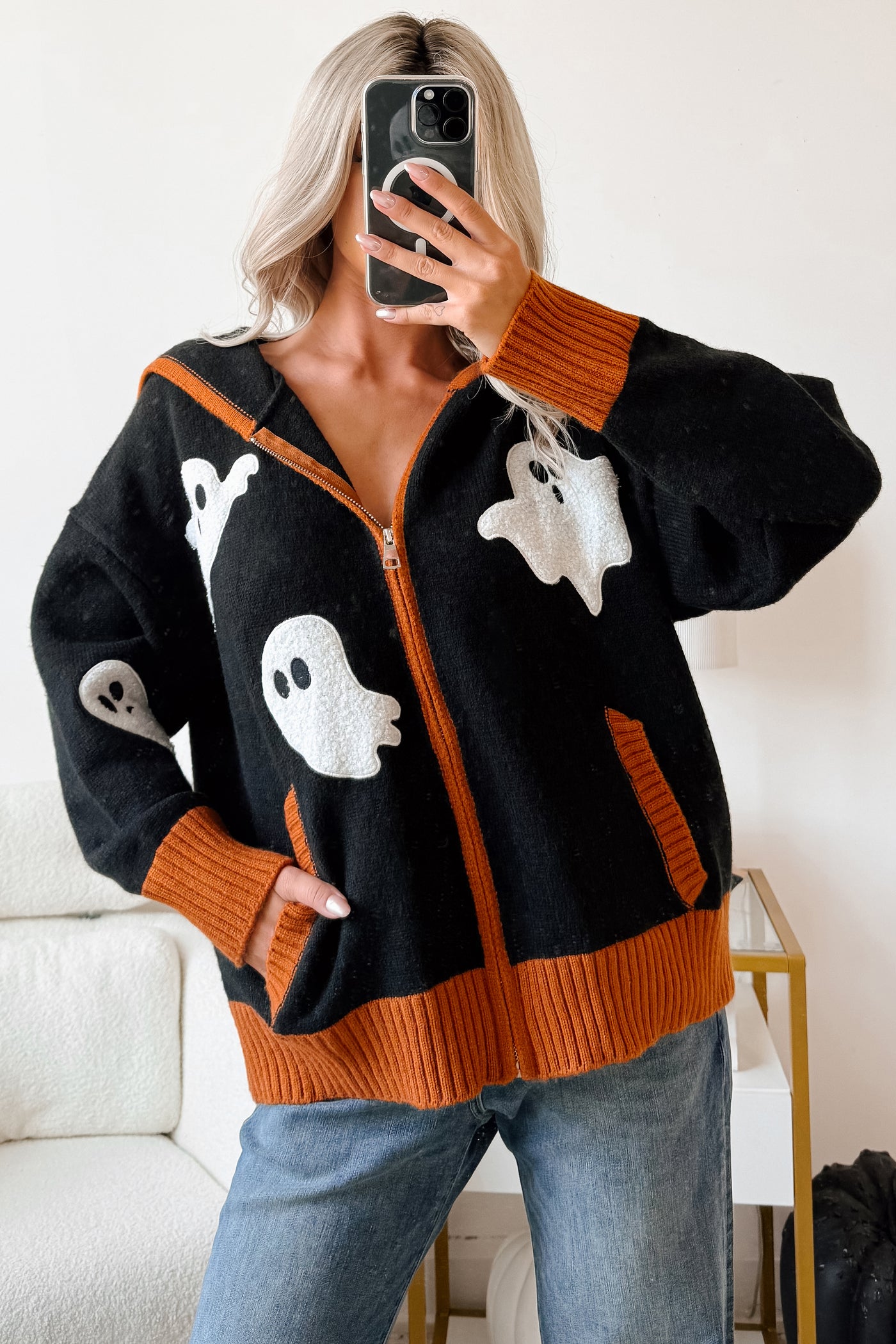 Ghostly Grins Ghost Patch Zip-Up Hoodie (Black) - NanaMacs