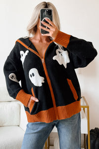 Ghostly Grins Ghost Patch Zip-Up Hoodie (Black) - NanaMacs