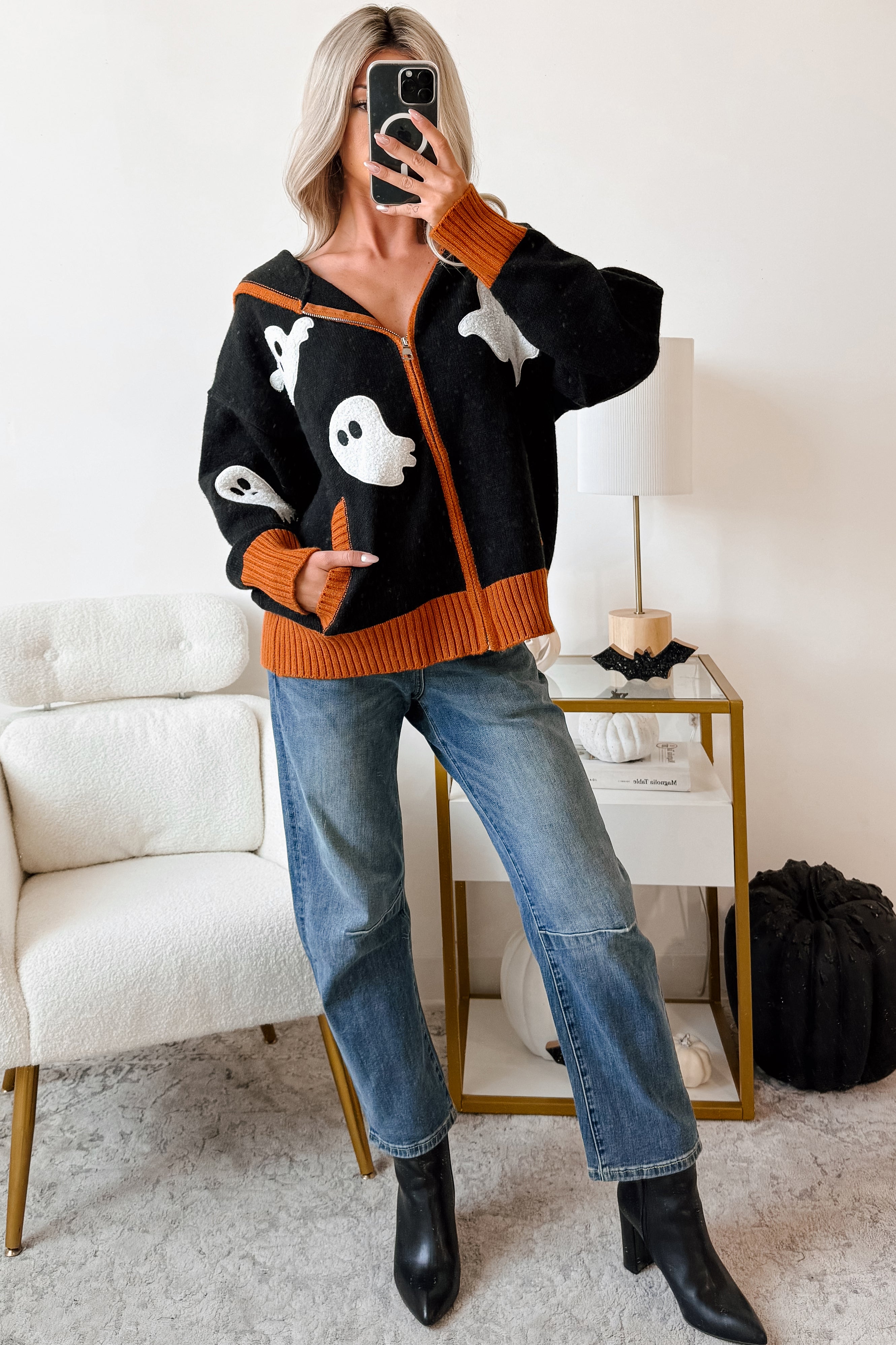 Ghostly Grins Ghost Patch Zip-Up Hoodie (Black) - NanaMacs