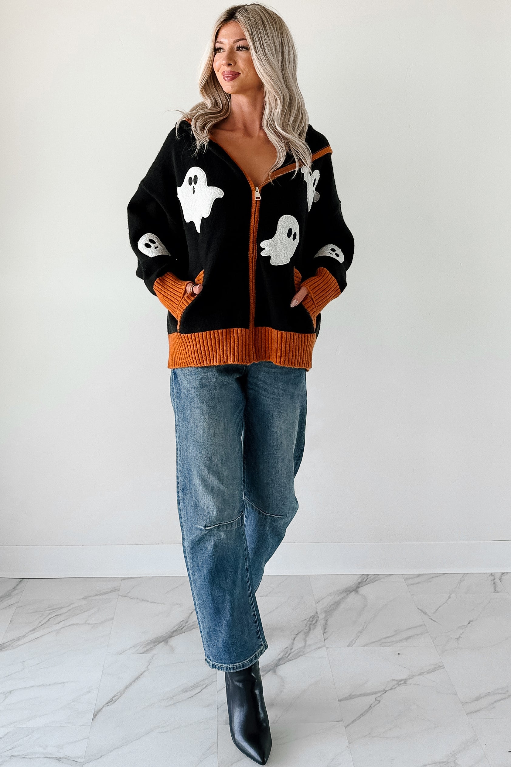 Ghostly Grins Ghost Patch Zip-Up Hoodie (Black) - NanaMacs